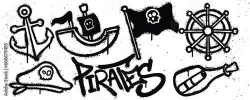Set pirates graffiti spray paint. Collection of anchor, pirate ship, flag, rudder adventure bottle, pirate hat Isolated Vector