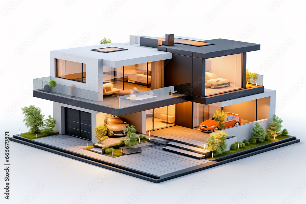 3d view of house model. - obrazy, fototapety, plakaty 
