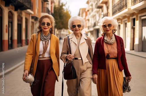 Three stylish Spanish women in their 80s, with beautiful hairstyles and fashionable attire, strolling through the streets of Madrid