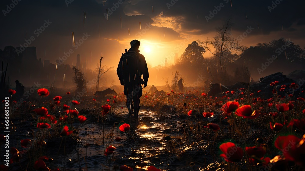 Field of red poppies on Armistice Day, a solemn and reflective scene with a single soldier silhouetted against the morning sky - obrazy, fototapety, plakaty 