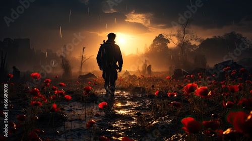 Field of red poppies on Armistice Day, a solemn and reflective scene with a single soldier silhouetted against the morning sky
