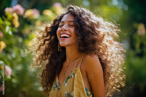 Pretty smiling young woman with curly hair. Portrait.