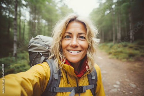 Smiling middle age blonde woman taking selfie while traveling alone with backpack © t.sableaux