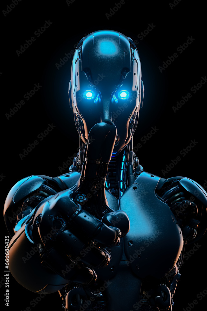 A robot shows an index finger up. A robot shows an index finger up.