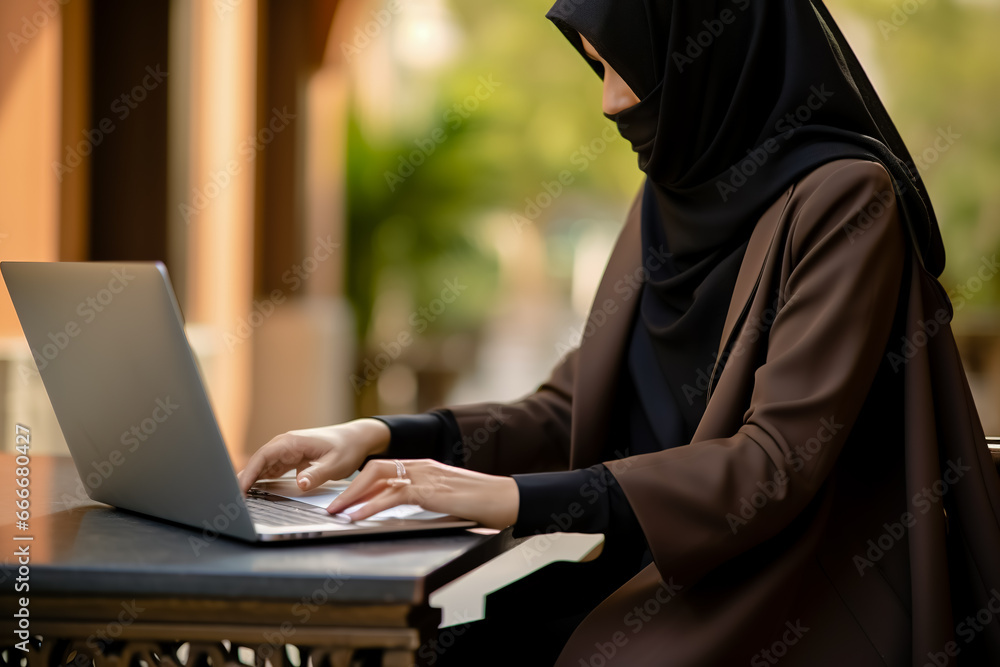 Muslim woman in black hijab working on laptop. Muslim woman in black hijab working on laptop.
