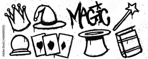 Set magic graffiti spray paint. Collection of crown, wizard hat, magic wond with star, book, magician hat, playing cards, magic crystal ball Isolated Vector