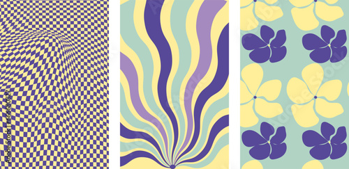 Collection of retro checkerboard backgrounds featuring vivid hues. A groovy and psychedelic chessboard backdrop inspired by the 60s and 70s. Perfect for print templates, textiles, or as a vector wallp