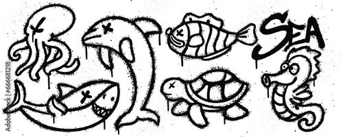 Set sea graffiti spray paint. Collection of octopus, dolphin, fish, seahorses, turtle, shark Isolated Vector