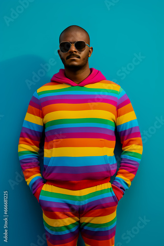 Man in rainbow striped outfit standing in front of blue background.