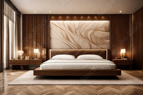  a luxury bed room with wooden art on the wall of it, with brown  and white backgrounD © Noor