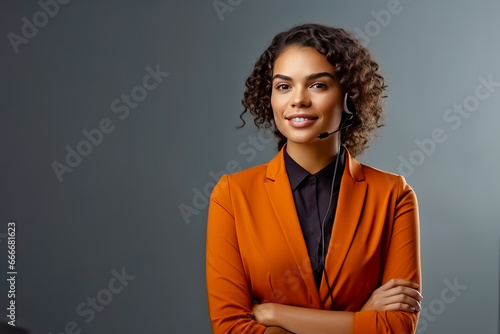 Portrait of young woman in studio on colored background.