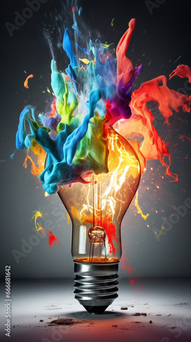 Colorful light bulb exploading portrait photo