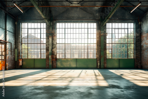 Large empty old industrial warehouse interior with a big windows