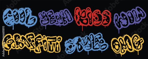 Set word graffiti color spray paint. Collection of cool, yeah, kiss, wow, graffiti, style, OMG Isolated Vector