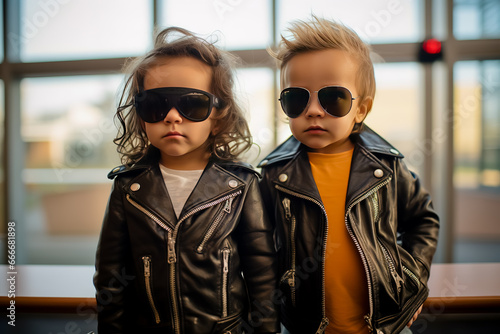 Two toddlers wearing sunglasses and leather jackets in front of large window.