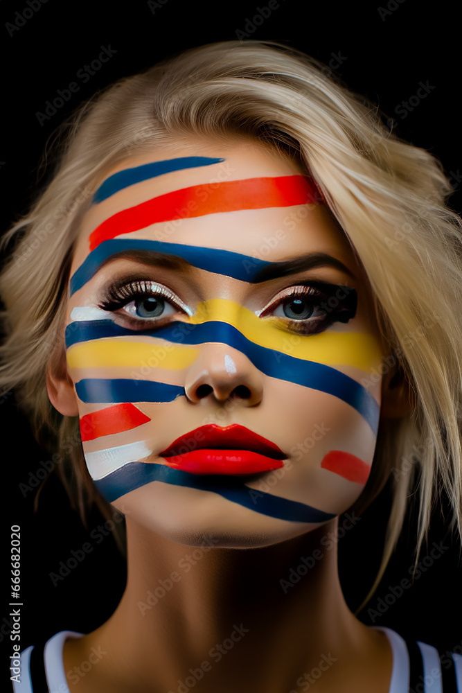 Woman's face is painted with multicolored lines on her face. Close up.