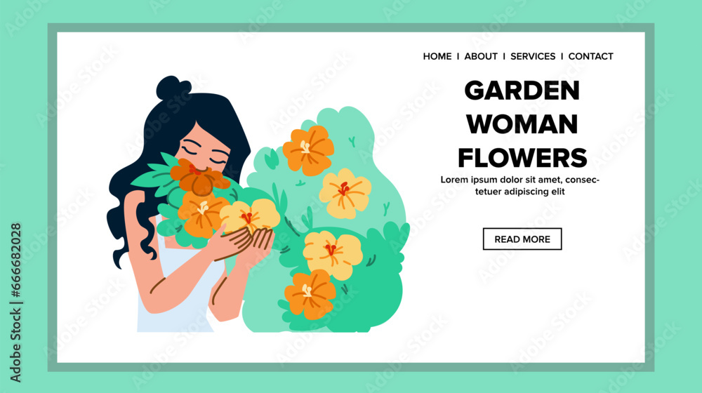 Fototapeta premium spring garden woman flowers vector. summer nature, happy floral, blossom beautiful spring garden woman flowers web flat cartoon illustration