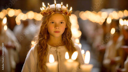 Christmas in Sweden with the traditional candlelight procession of Saint Lucy. The scene shows a girl dressed as Saint Lucia, wearing a white dress and candles on her head. Saint Lucy's Day photo