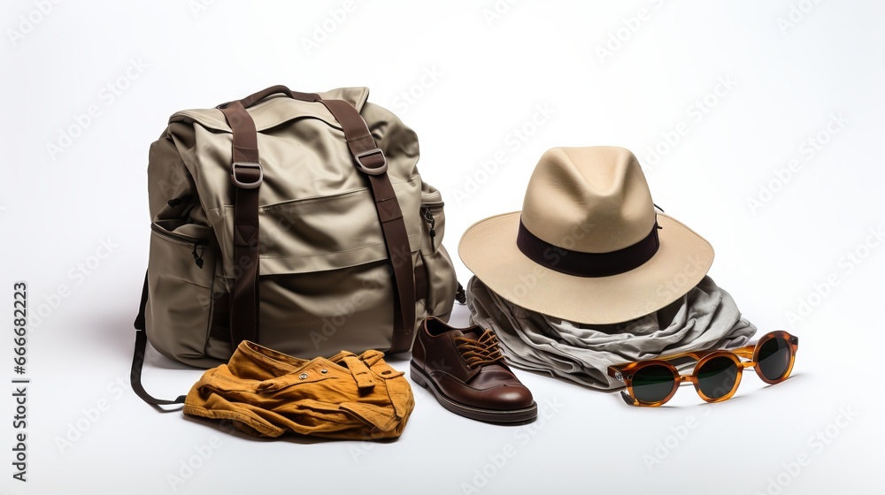 A collection of tourist clothing and accessories that are isolated on white A collection of tourist clothing and accessories that are isolated on white