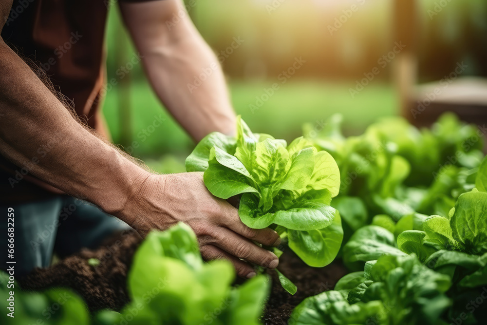 Man hands picking fresh green lettuce salad. Freshly harvested lettuce organic food, vegan, vegetarian diet, community urban garden Man hands picking fresh green lettuce salad. Freshly harvested lettuce organic food, vegan, vegetarian diet, community urban garden