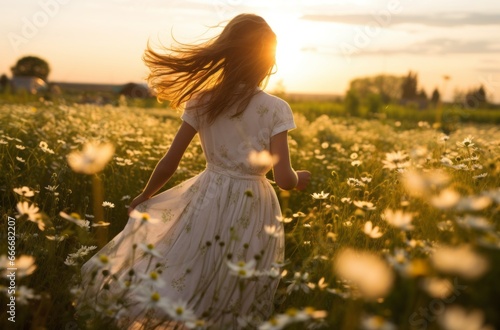Girl running through chamomile field at dawn view from the back