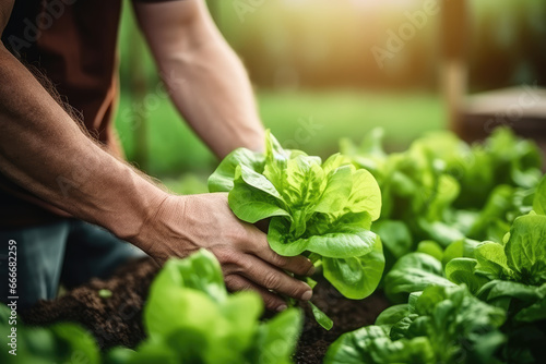 Man hands picking fresh green lettuce salad. Freshly harvested lettuce organic food, vegan, vegetarian diet, community urban garden