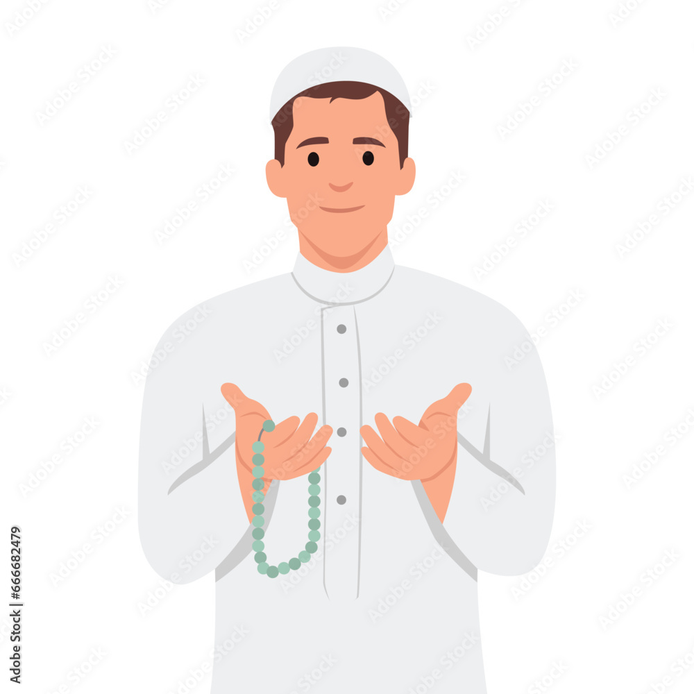 Muslim man praying while holding rosary beads. Flat vector illustration isolated on white background Muslim man praying while holding rosary beads. Flat vector illustration isolated on white background