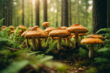 Mushrooms growing in the forest A group of mushrooms with water droplets on them Generative AI