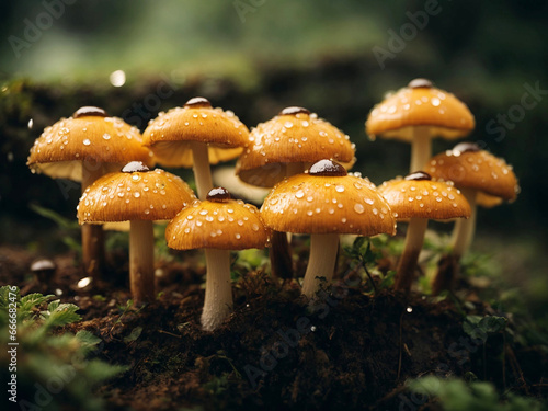 Mushrooms growing in the forest A group of mushrooms with water droplets on them Generative AI