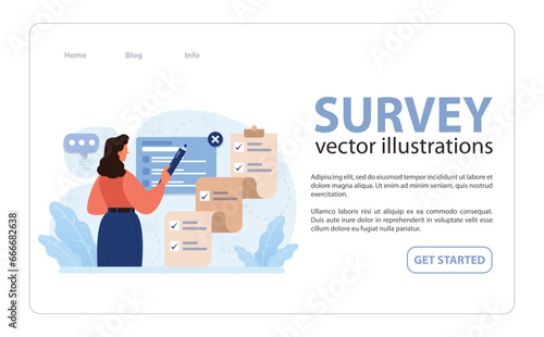 Public opinion polling web banner or landing page. Female character