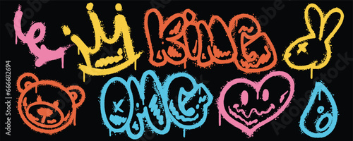Set graffiti color spray paint. Collection of arrow, crown, king, rabbit, water, love, OMG, bear Isolated Vector