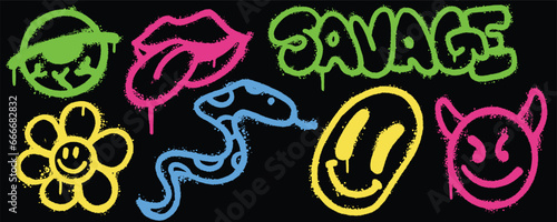 Set graffiti color spray paint. Collection of eye, lips with tongue, savage, devil emoticon, smile emoticon, snake, flower Isolated Vector