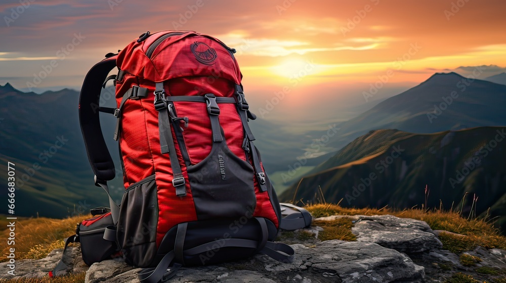 Red Backpack on the top of the mountain at sunrise
