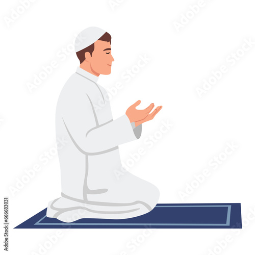 Muslim man kneel and praying. On Ramadan the Moslems pray to Allah. Flat vector illustration isolated on white background