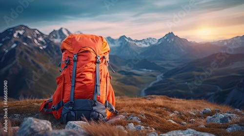 Orange Backpack on the top of the mountain at sunrise.
