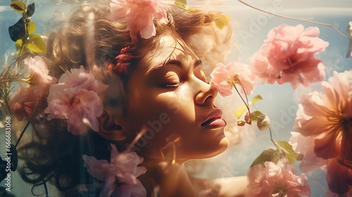 A double exposure portrait of a young, pretty woman paired with a photograph of bright spring garden flowers and leaves creates a conceptual image that demonstrates the unity of humans with photo
