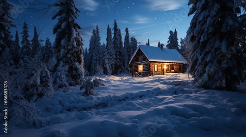 A full moon night in snowy winter sees the Yukon Alaska trapline logcabin fully illuminated