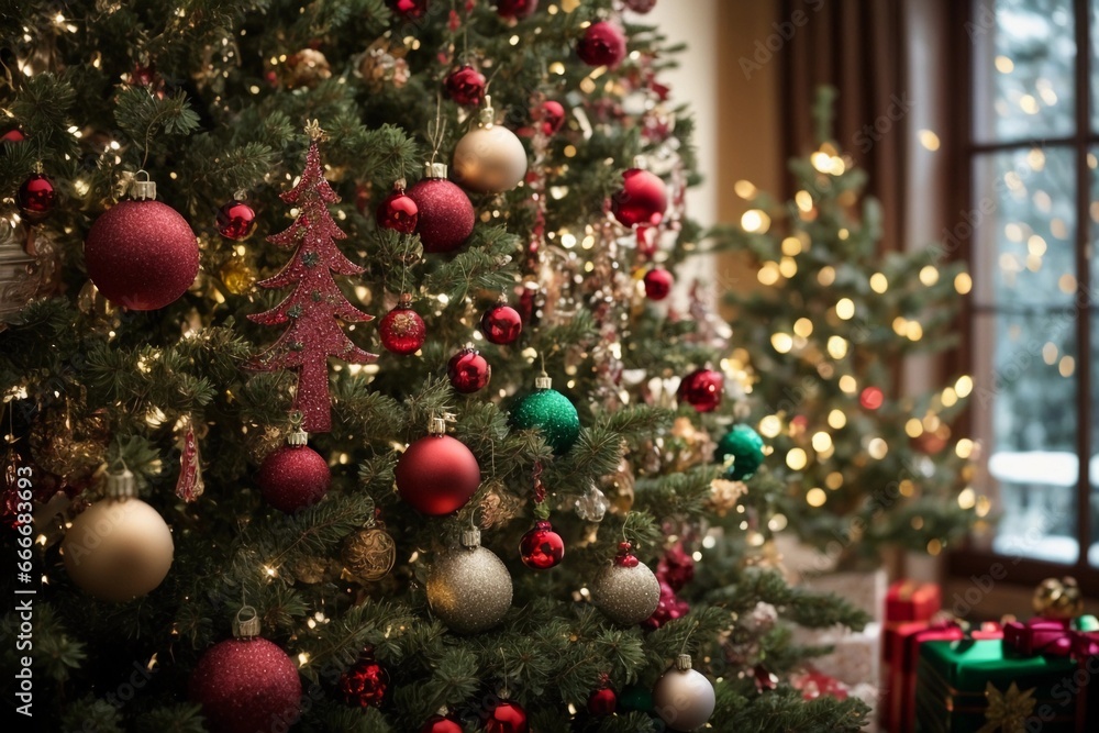 árbol de navidad decorativo con bolas de colores a su alrededor 