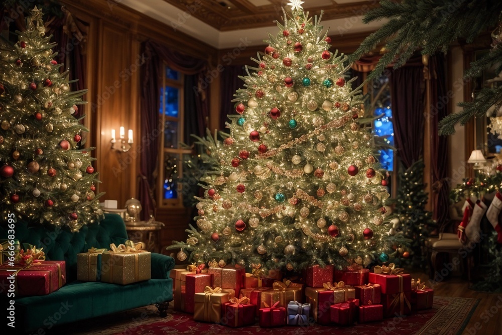árbol de navidad en medio de un gran salón