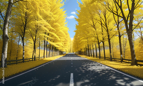  yellow trees in the road in autumn