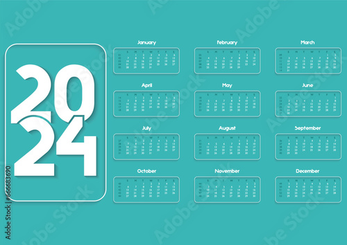 2024 year a3 format calendar. minimalism style. Simple calender layout. Desk or wall calender template with 12 month, week starts on Sunday. Vector