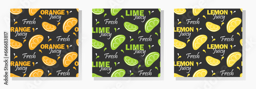 Slices of lime, lemon and oranges with white lettering on black background. Vector seamless patterns collection. 