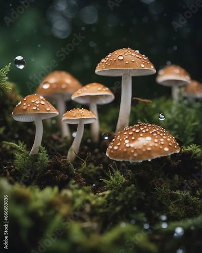Healthy mushrooms in the field green sunny coniferous forest, background Ai generative