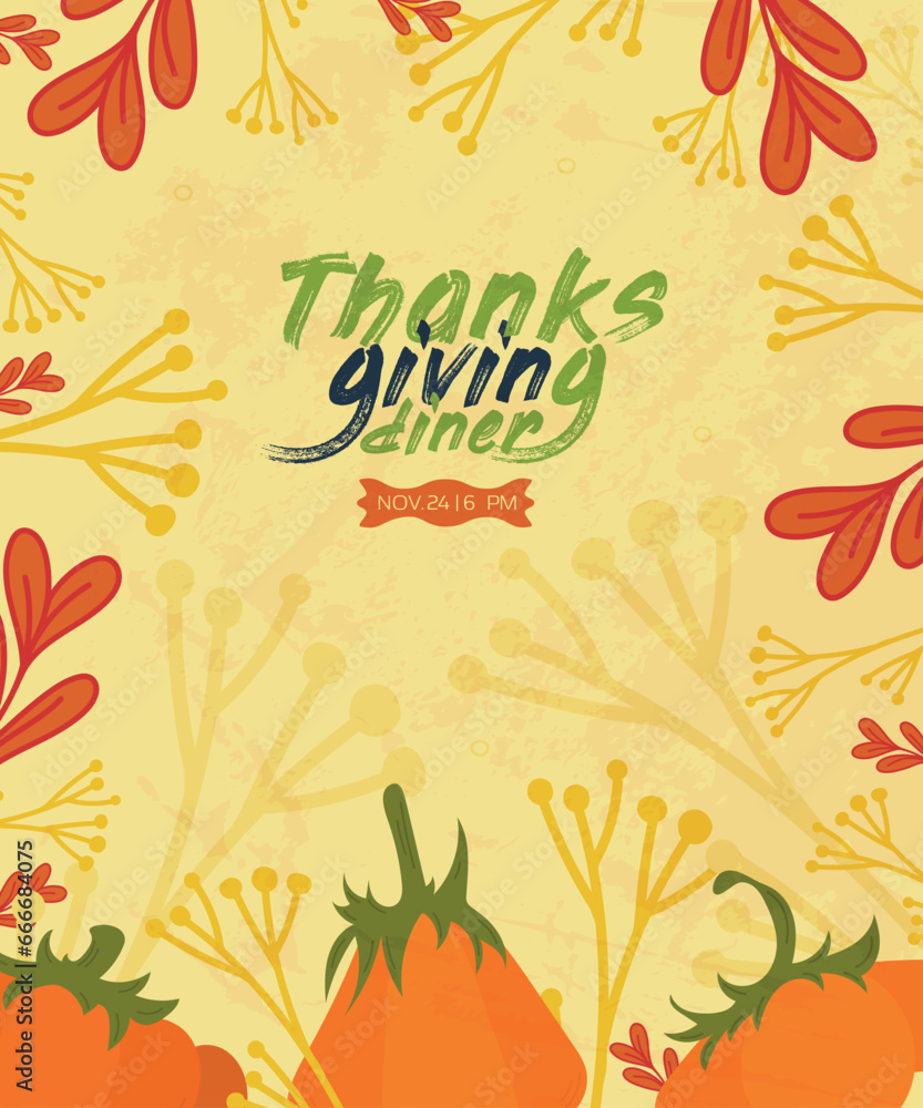 Thanksgiving invitation to dinner with pumpkin and leaves in vector, yellow background Thanksgiving invitation to dinner with pumpkin and leaves in vector, yellow background