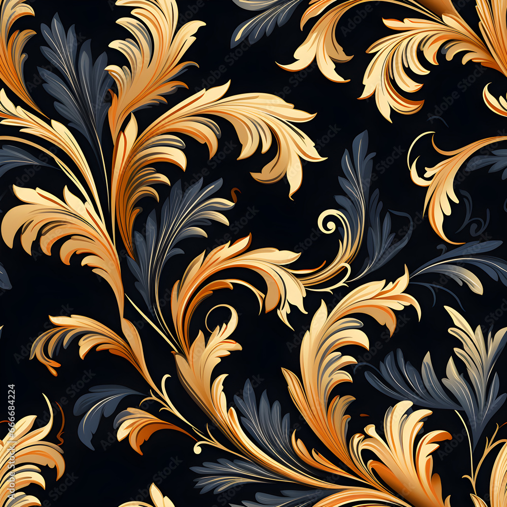 Gold and black floral graphic pattern on black background. Paisley pattern. Seamless pattern. Elegant pattern. Gold and black floral graphic pattern on black background. Paisley pattern. Seamless pattern. Elegant pattern.
