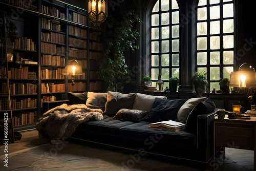 Stunning interior design: bed, sofa, table, books, natural light.