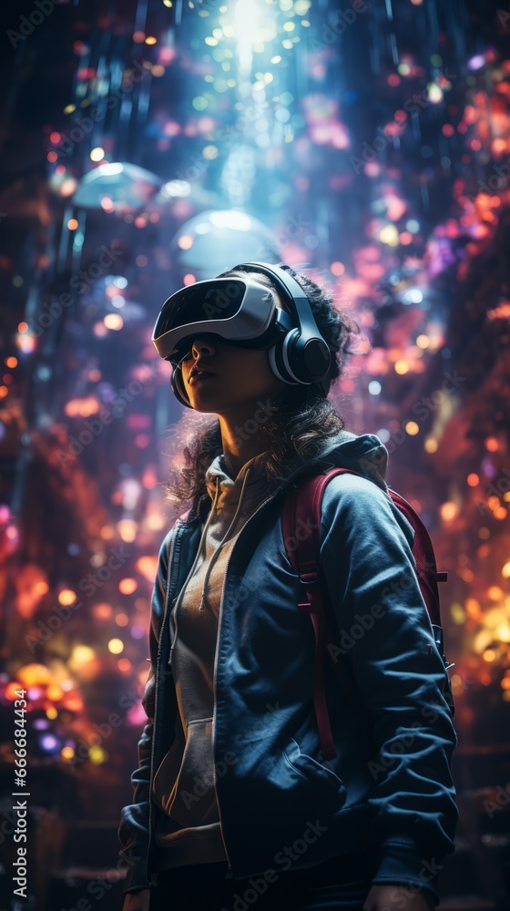 Wallpaper of a Virtual Reality Arcade with Gamers Immersed in Cyber Worlds, Generative AI Wallpaper of a Virtual Reality Arcade with Gamers Immersed in Cyber Worlds, Generative AI