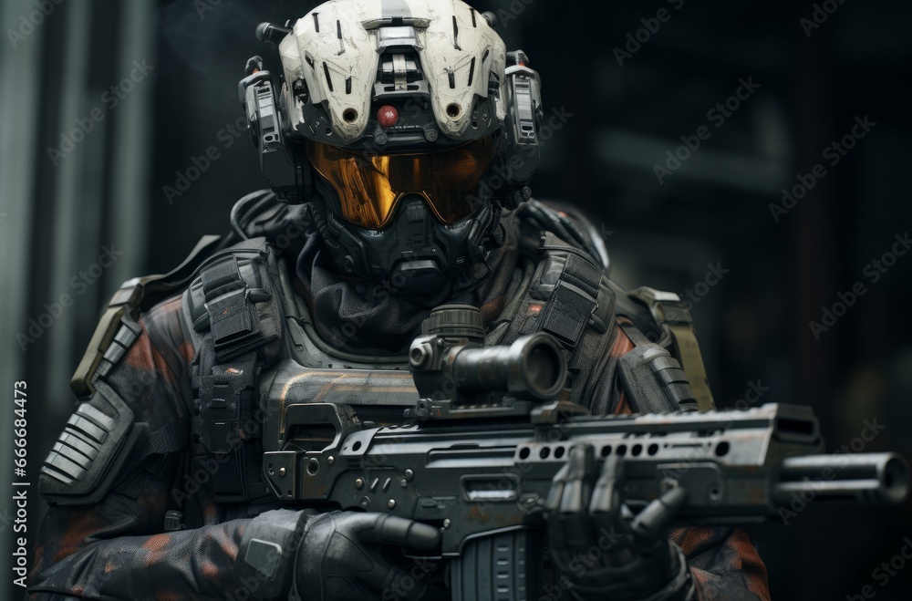 Power-packed Futuristic armed soldier. Security person. Generate Ai Power-packed Futuristic armed soldier. Security person. Generate Ai
