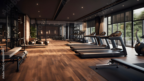 Modern fitness room  modern color scheme  wooden floor.