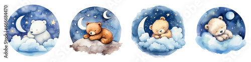 Watercolor cute little bear sleeping on clouds with moon and stars, PNG, card, poster, print, transparent background, generative AI
